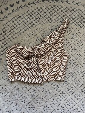 NWT Anthropologie One-Shoulder Knot Front Crop Top in Brown Wave Print Sz 8